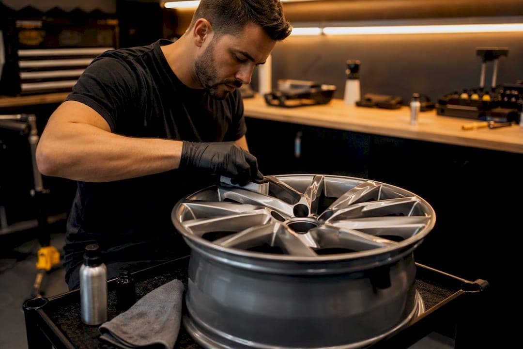 Technician applying ceramic coating to alloy wheel