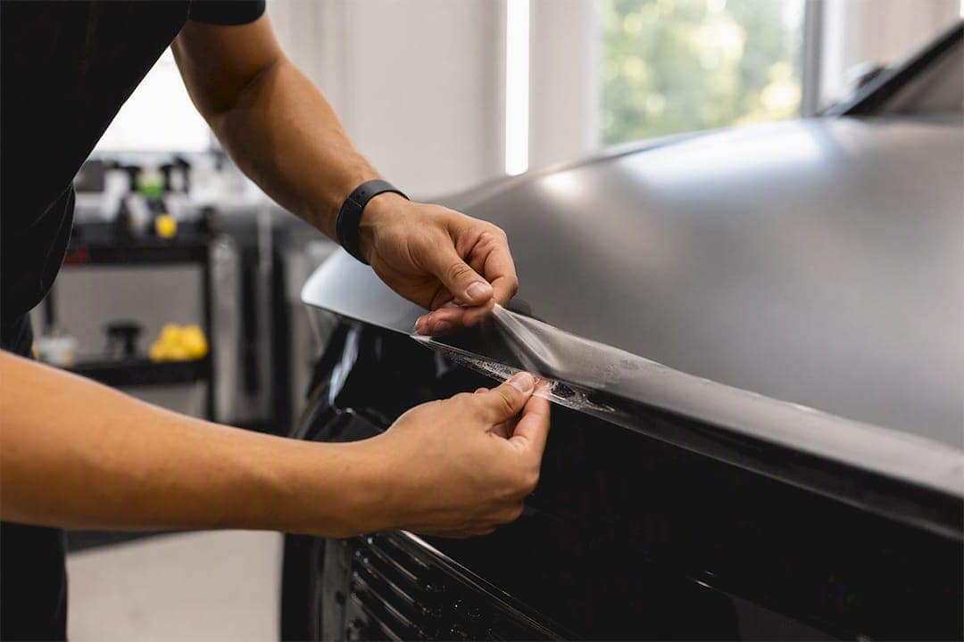 Hands applying matte PPF film on car hood edge