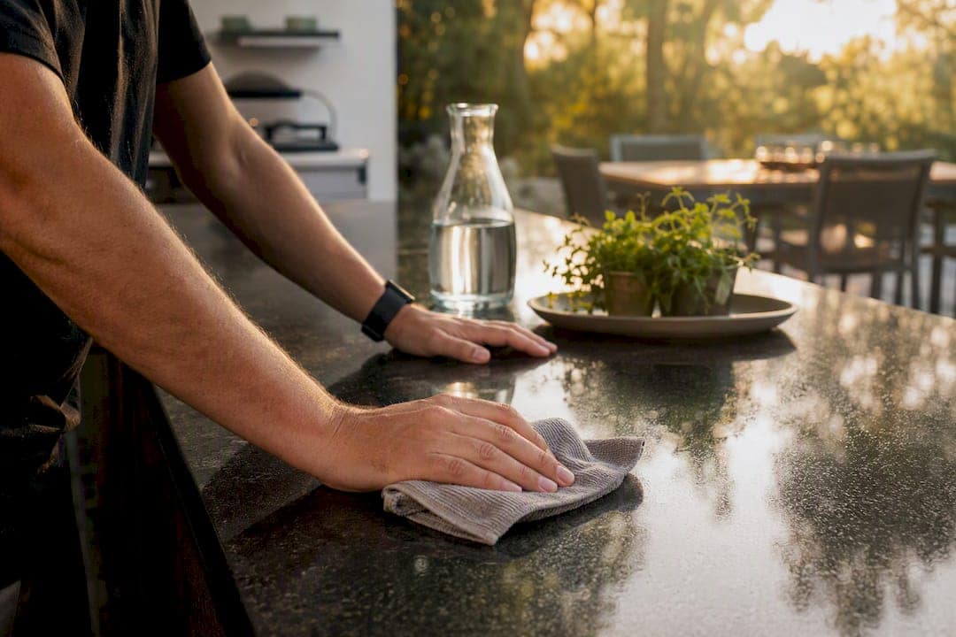 Hands wiping quartz countertop with cloth