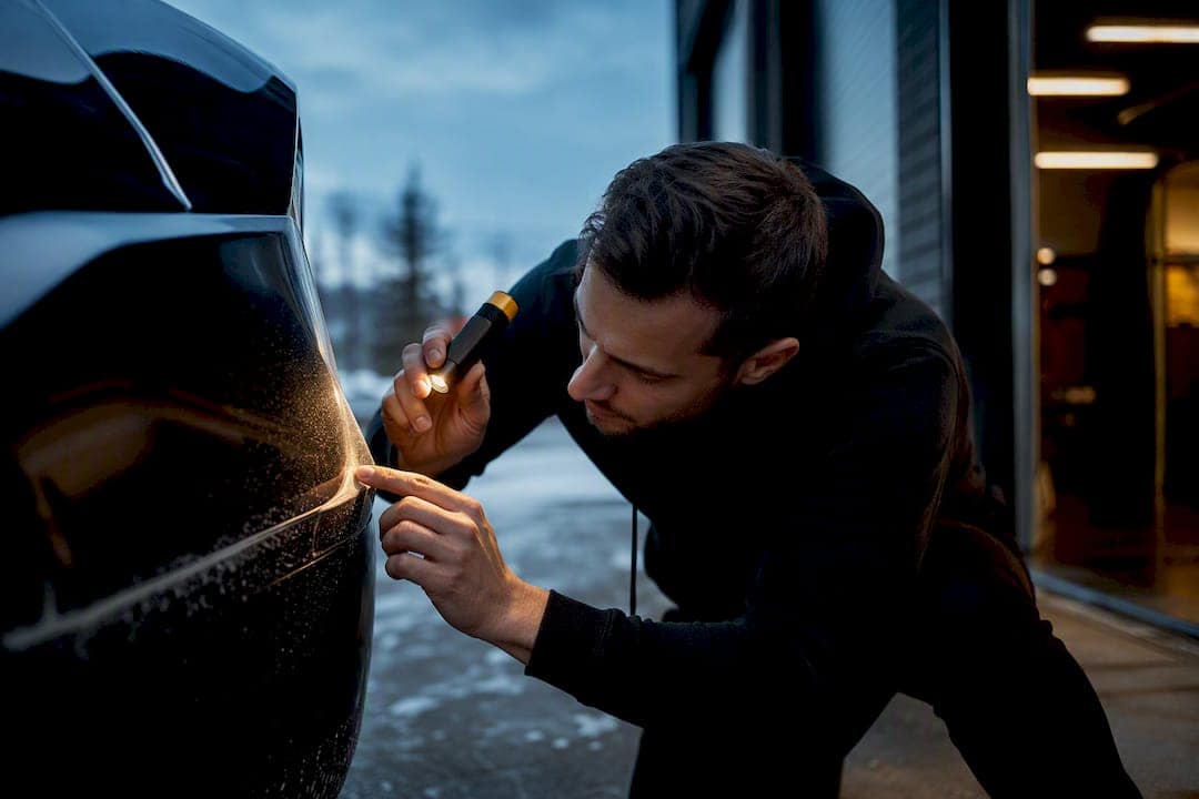 Technician inspecting protective film edge
