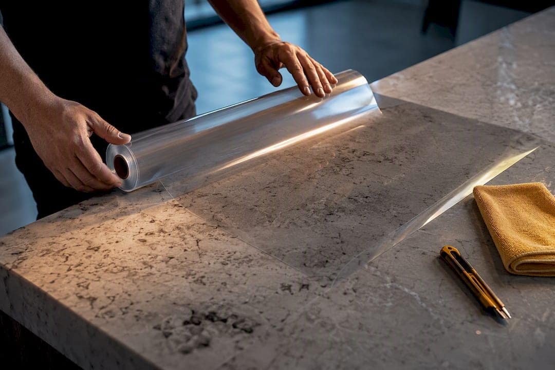 Protective film being applied to countertop