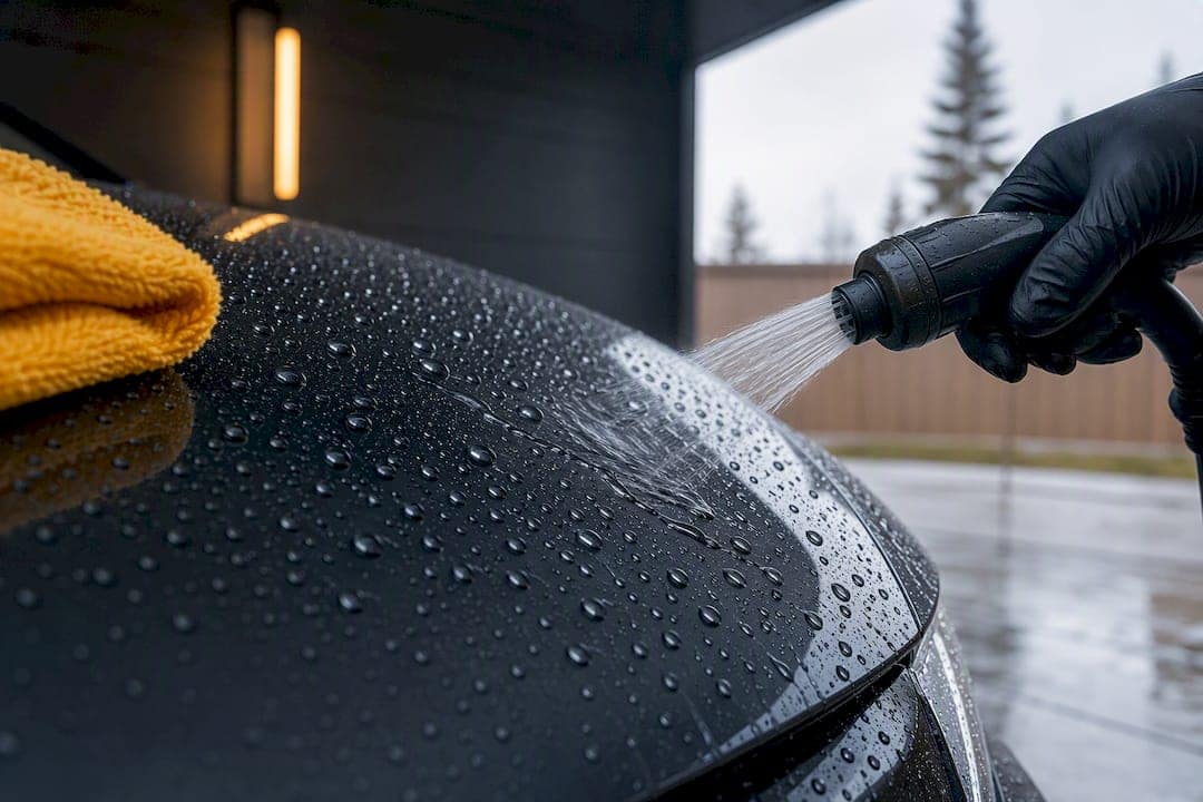 Water beads rolling across coated vehicle paint
