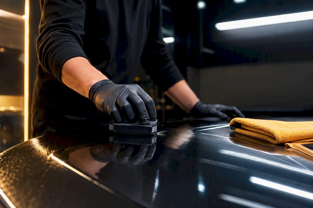 Technician applying coating to an anonymous paint panel