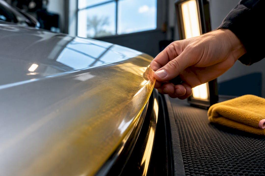 Amber PPF film inspected on vehicle panel
