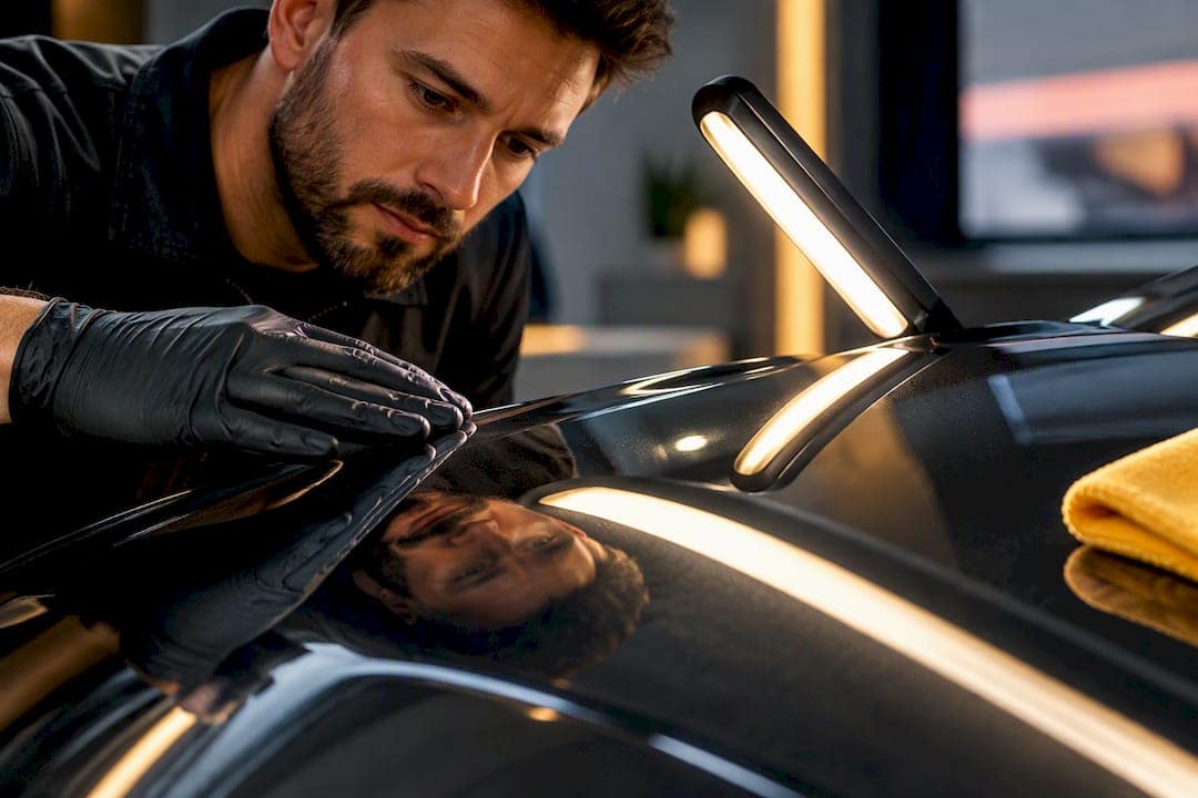 Technician inspecting coated vehicle panel