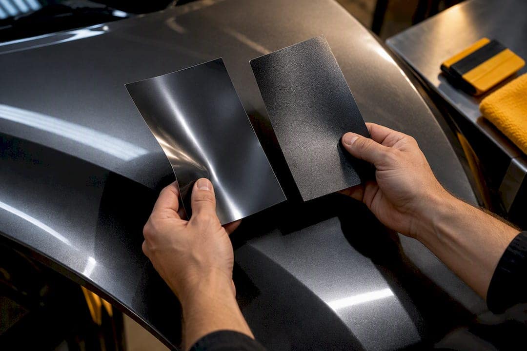 Hands comparing two automotive vinyl materials