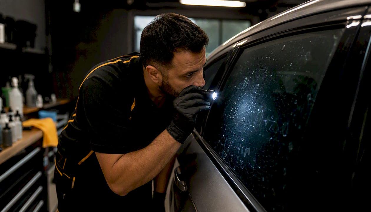 Technician inspecting window tint bubbles closely