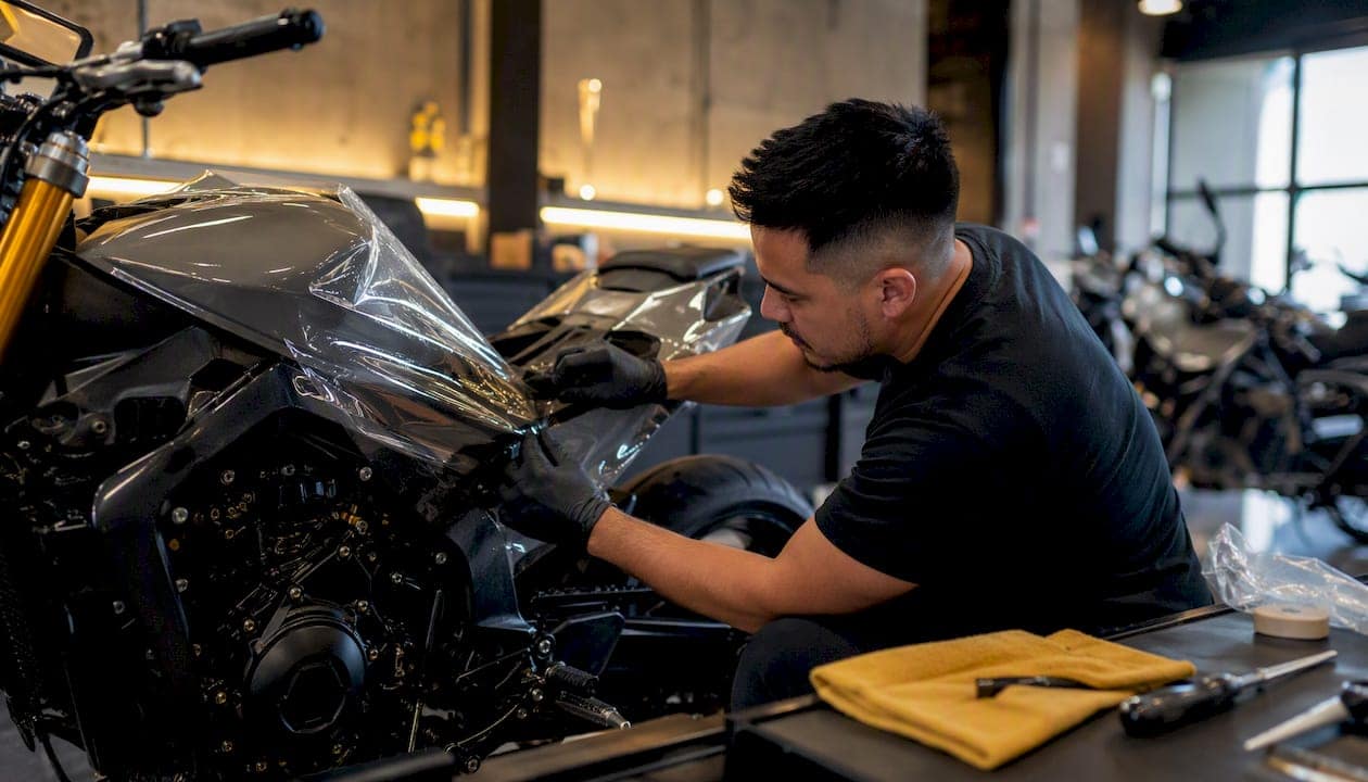 Technician applying paint protection film on motorcycle tank and fairing