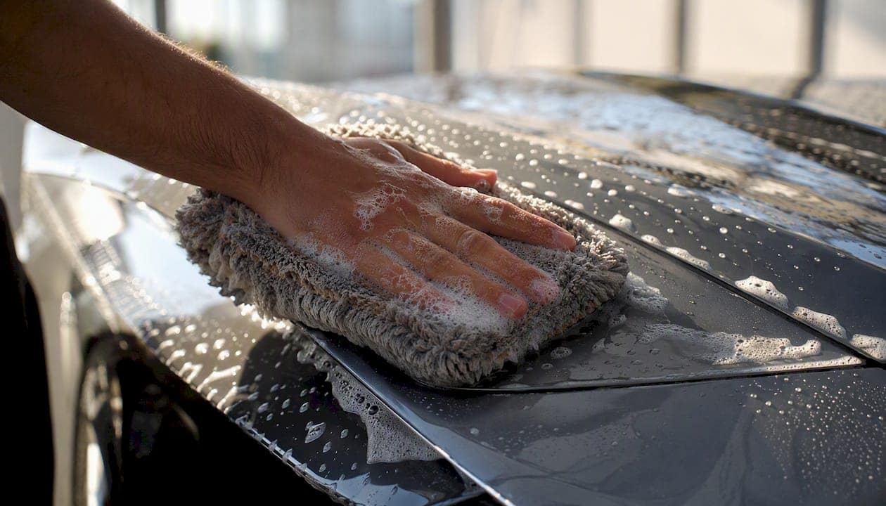 Person hand-washing PPF-covered car hood