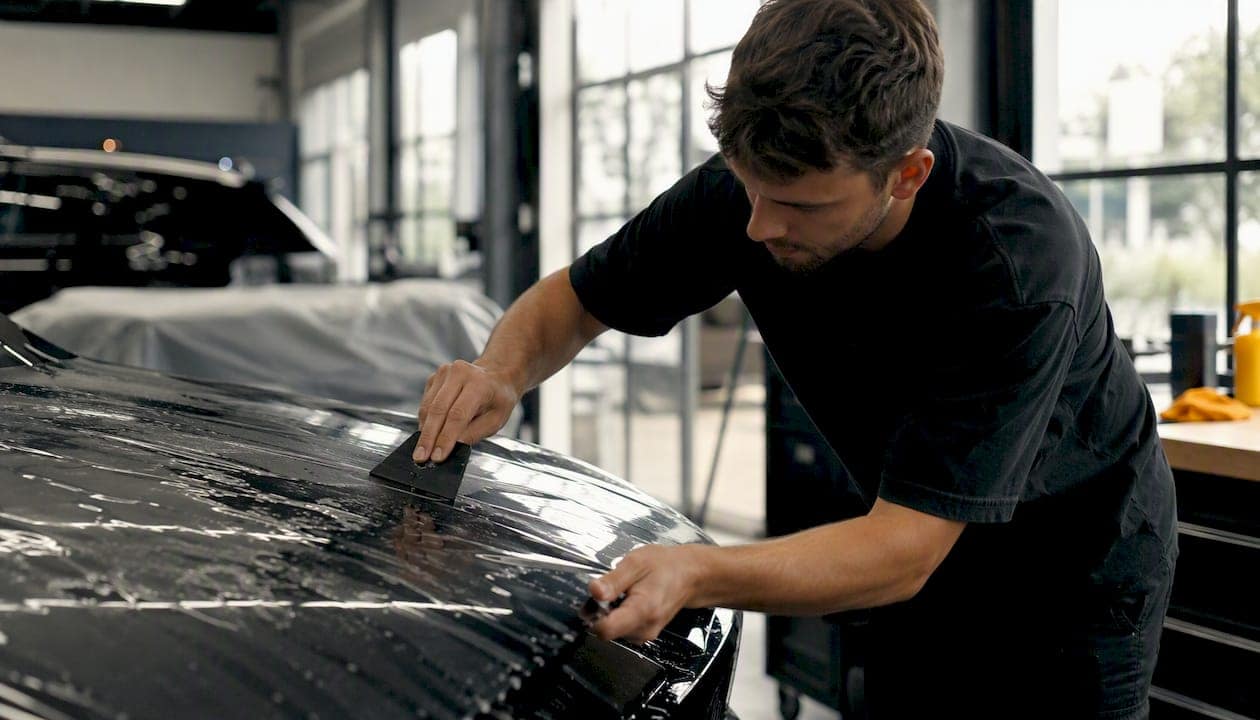 Close-up of hands applying paint protection film