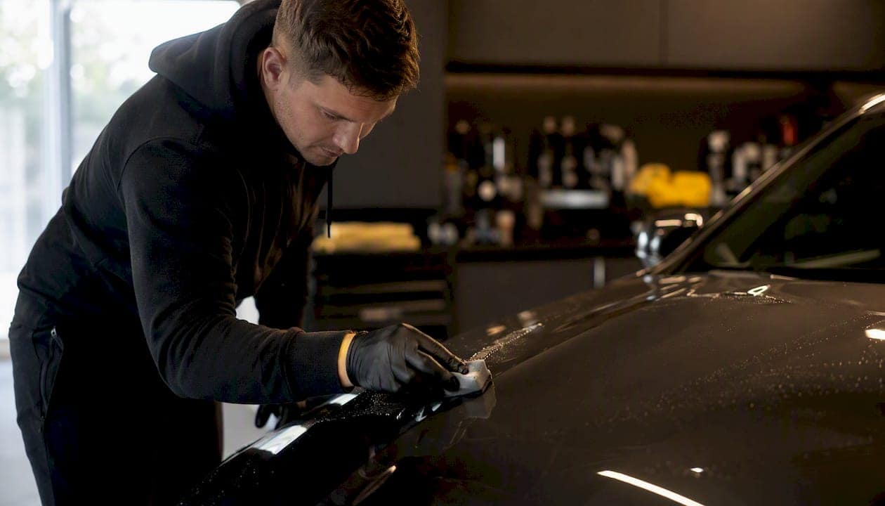 Hand applying ceramic coating to car hood