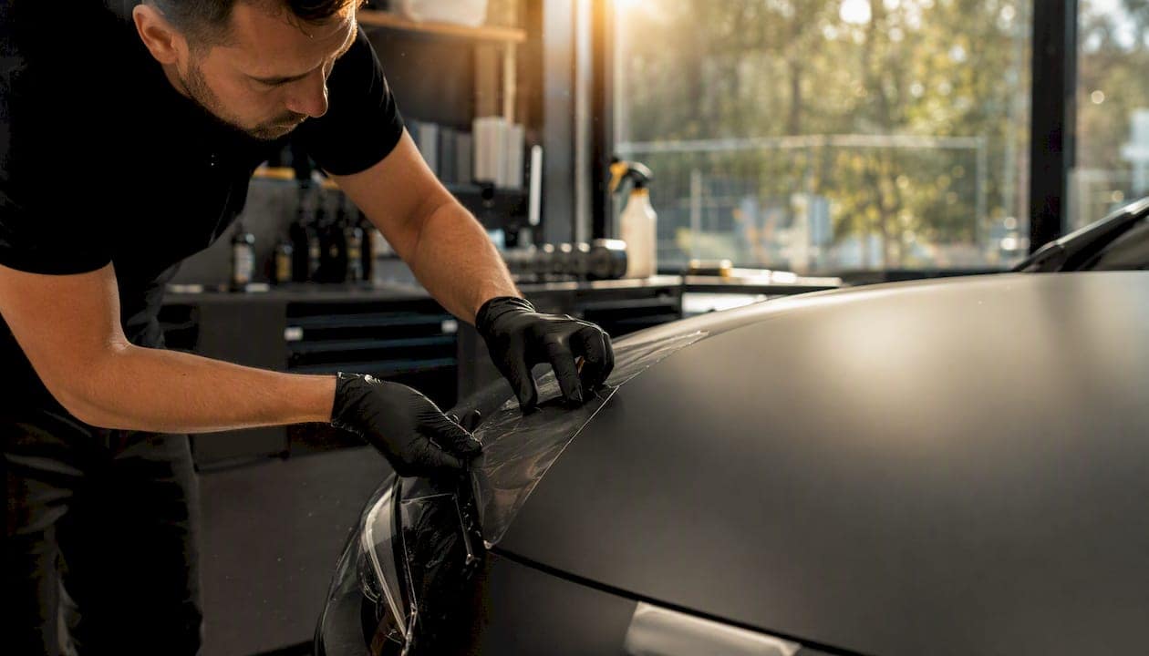 Hands applying matte PPF on car hood
