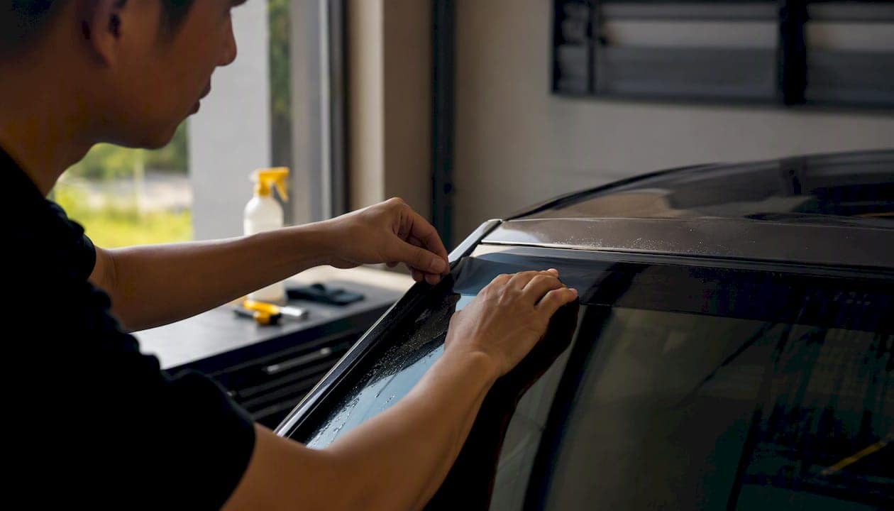 Close-up of hands applying windshield tint strip