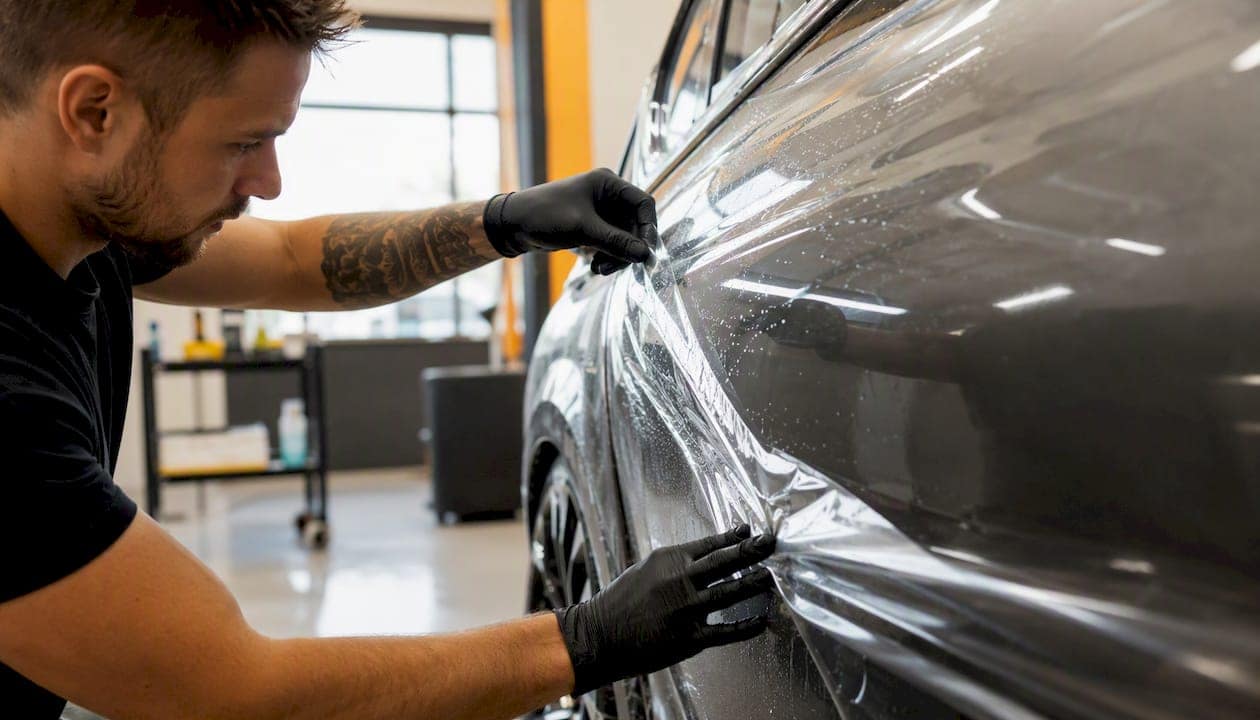 Hands applying transparent paint protection film on car fender