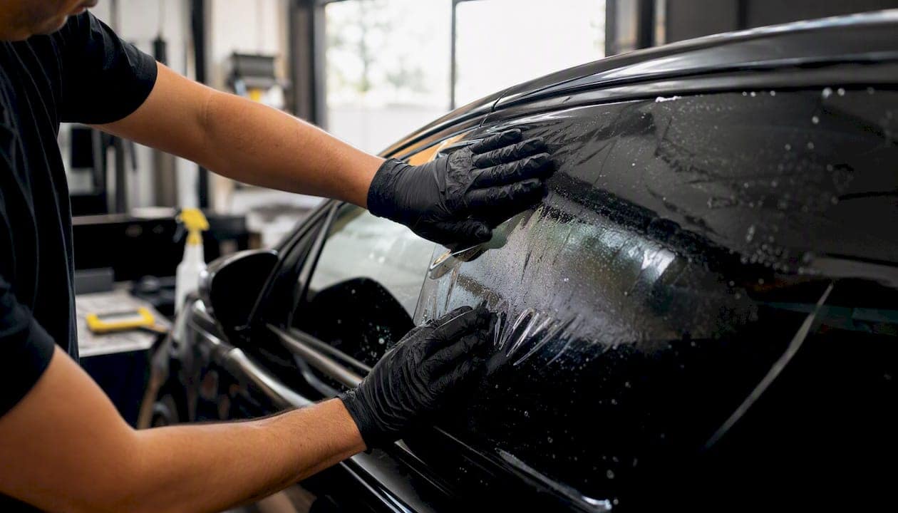 Technician applying UV protection window film on car side window