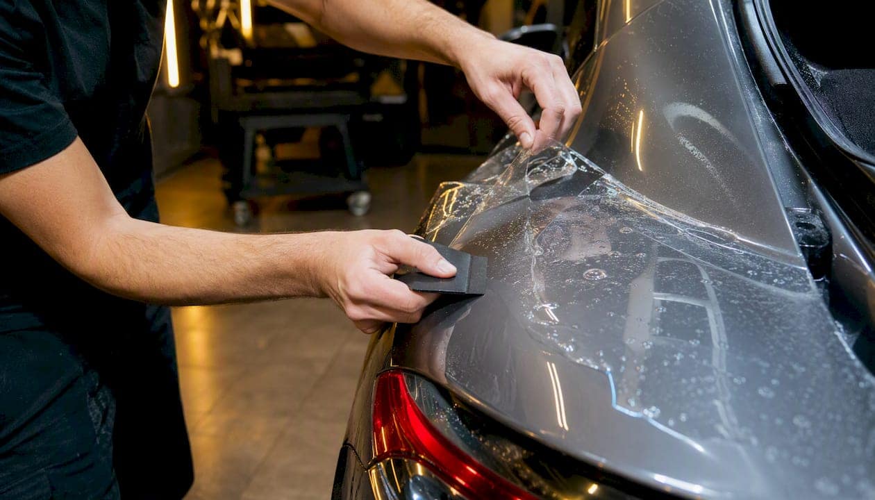 Hands applying paint protection film on vehicle panel