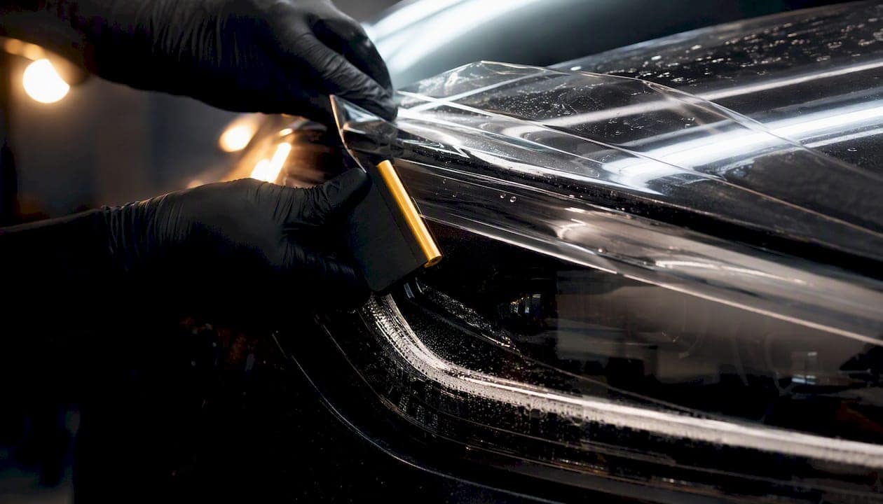 Installer applying clear film to headlight