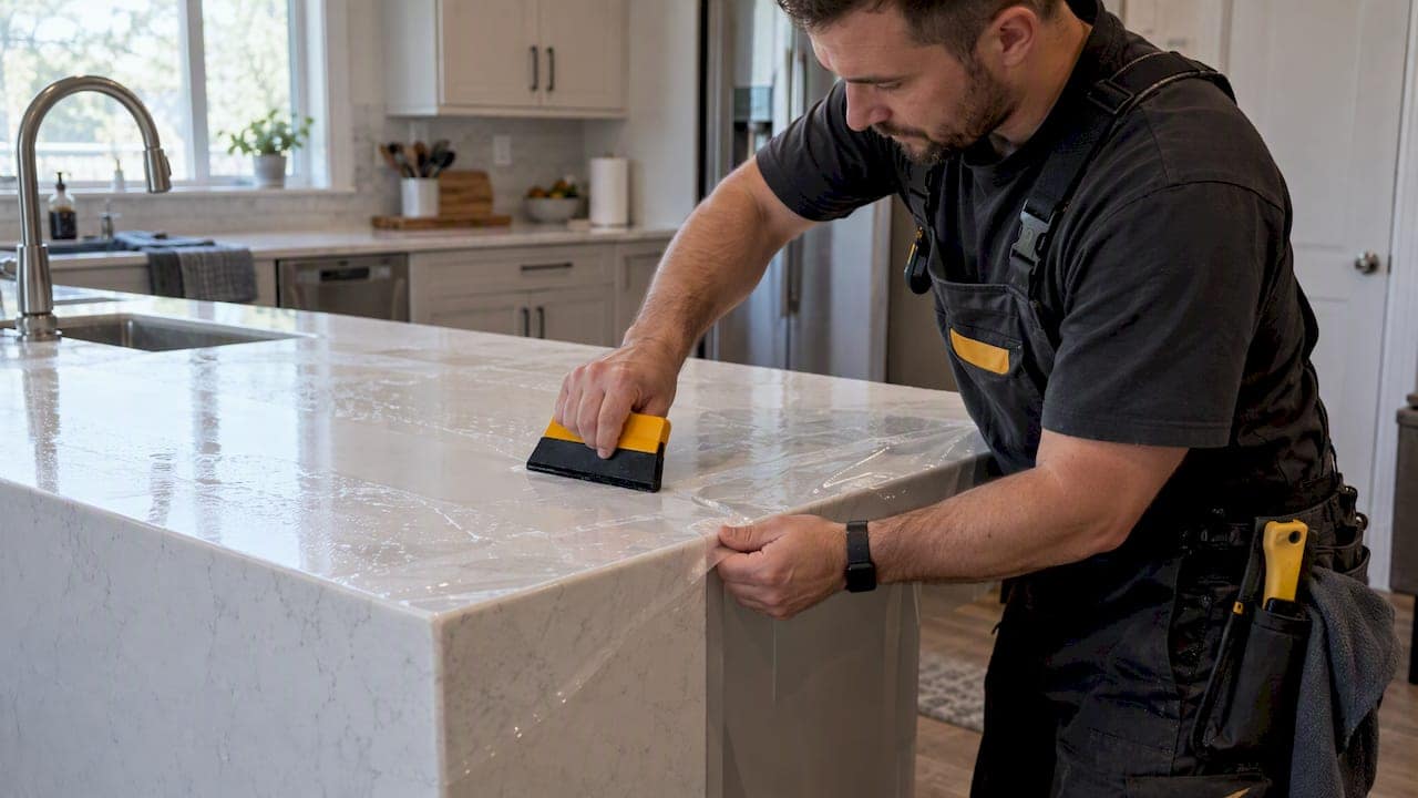 Technician applying clear film to quartz countertop
