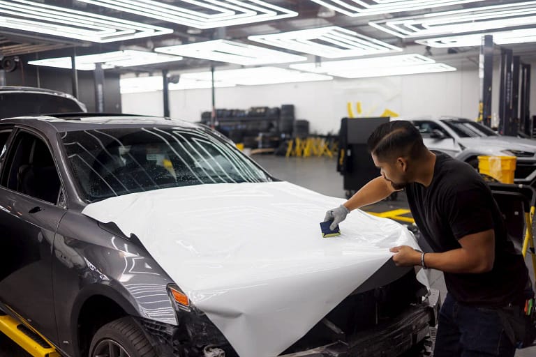 Vinyl car wrap being installed in Calgary