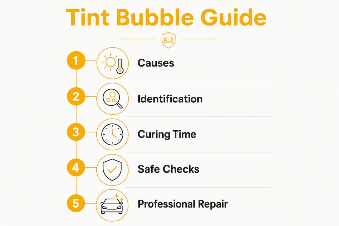 Infographic showing step-by-step window tint bubble guide with causes and fixes