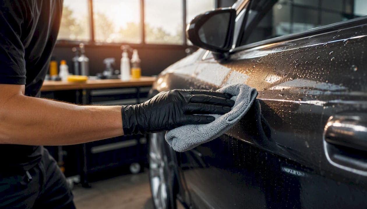 Gloved hand cleaning car panel with microfiber cloth