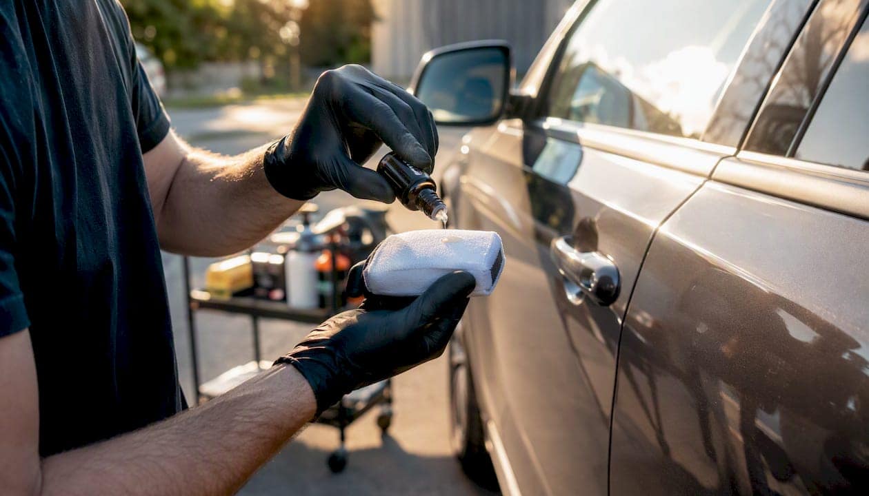 Hand applying ceramic coating on car paint surface