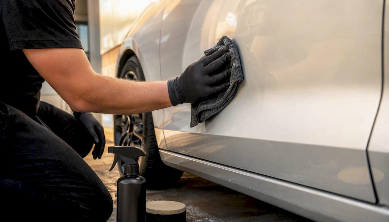 Gloved hands polishing car paint surface