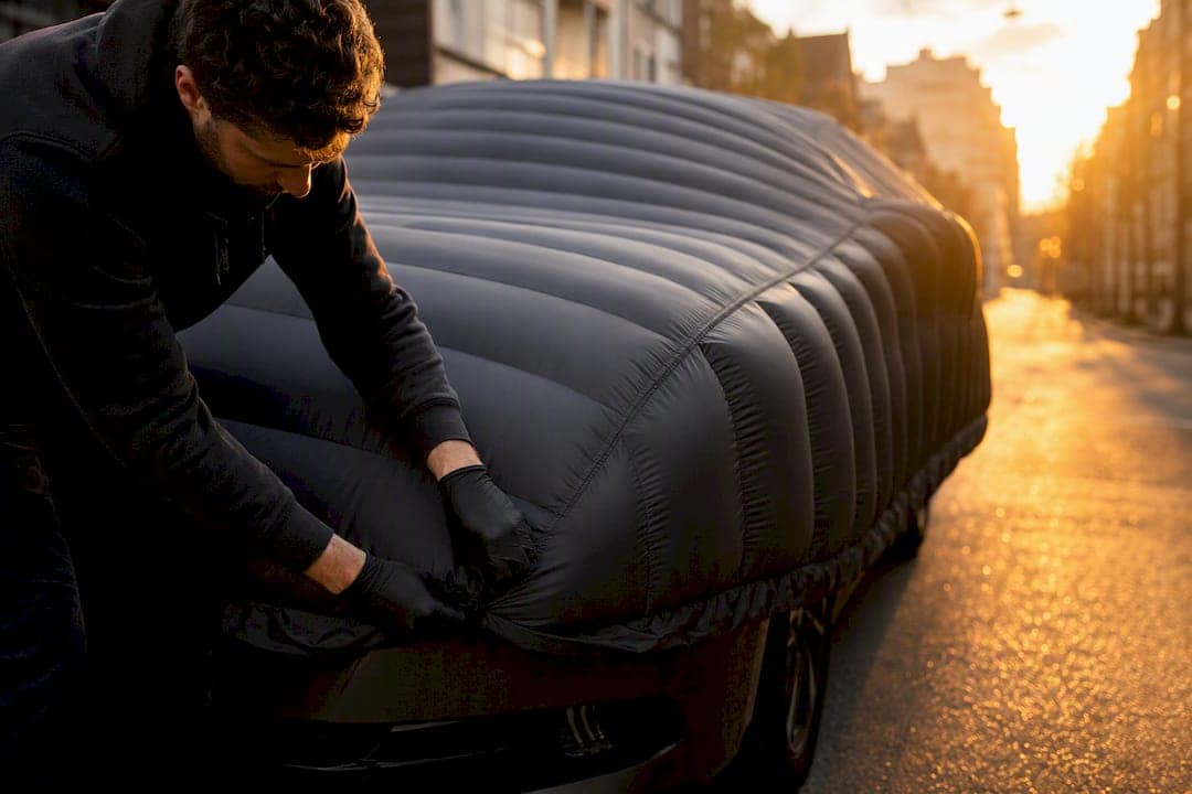 Hands inflating a protective car cover
