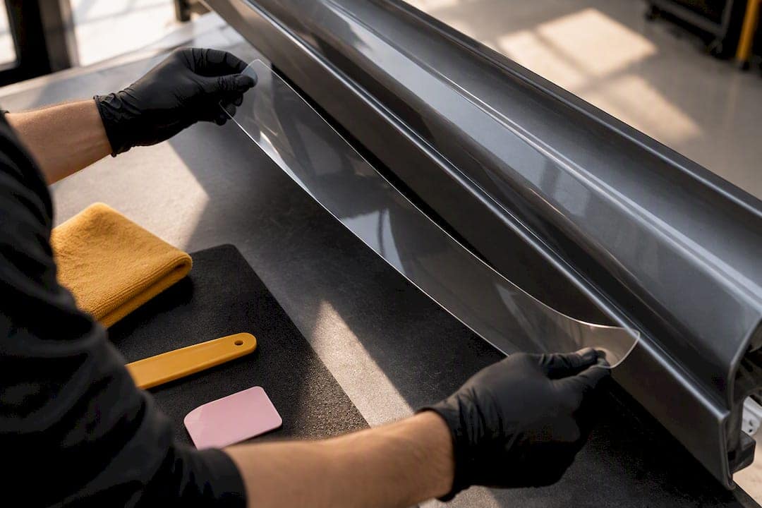 Precut film template aligned with rocker panel