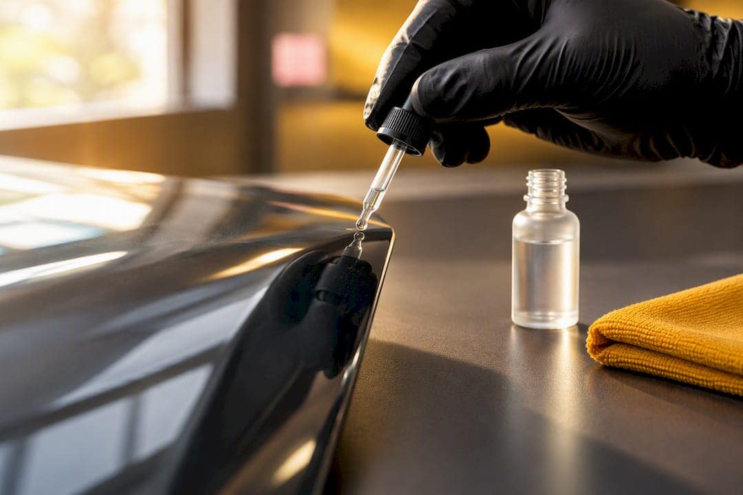 Technician spot testing alcohol on vinyl wrap